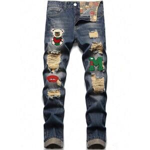 Men’s Ripped Frayed Jeans, Cartoon & Letter Patch Detail, Distressed, Size 32